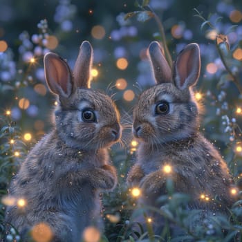 Two rabbits are seated in a grassy field.