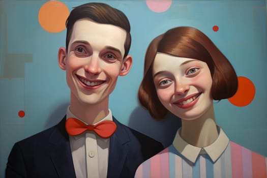 Cheerful Smiling colorful couple. Phone studio person. Generate Ai