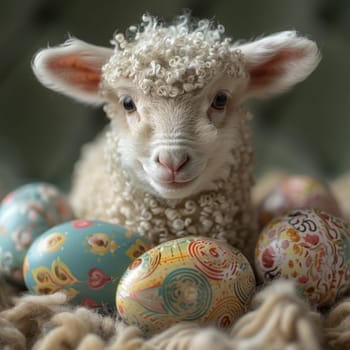 A baby lamb stands amidst various decorated Easter eggs.