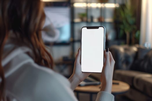 A woman is holding a portable communications device with a white screen in her hands. The gadget is a mobile phone displaying a blank font on the display device