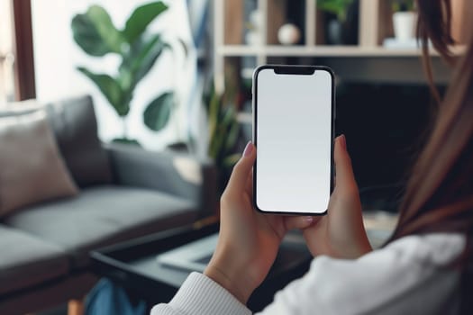 A woman is seated on the couch, holding a mobile phone with a blank screen, using her thumb to interact with the portable communications device, next to a houseplant, in comfort