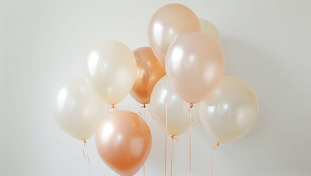 A string of peach balloons, a natural material craft as party supplies, hanging against a white wall for an event. Creative arts and fashion accessory in transparent balloon jewellery
