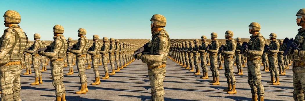 numerous soldiers in desert fatigues standing in precise formation, with a serene blue sky above.