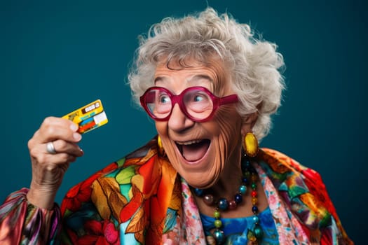 Joyful Smiling elderly woman holding credit card. Mature senior woman credit card payment. Generate ai