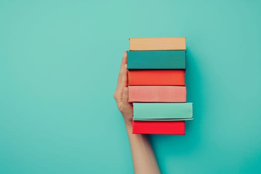 A hand is balancing a stack of books on a wooden chair against an electric blue background. The books have tints of magenta and are made of paper products with plastic covers