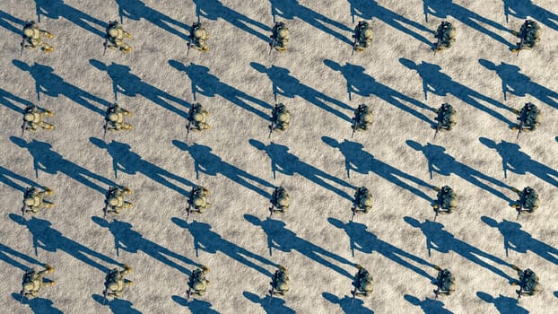 A repetitive array of miniature toy soldiers and their elongated shadows on a rough, paper-like surface.