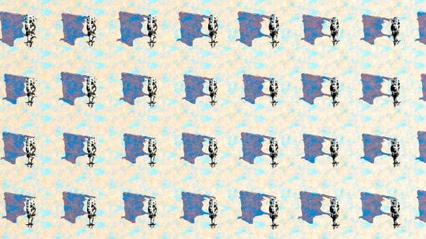 An abstract, repetitive pattern featuring stylized images of dairy cows against a vibrant, textured backdrop.