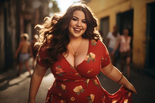 Confident Smiling female chubby model walking. Body lady summer time. Generate Ai