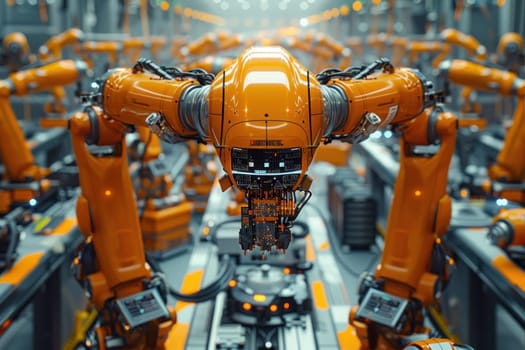 A factory bustling with orange robots engaged in manufacturing tasks.