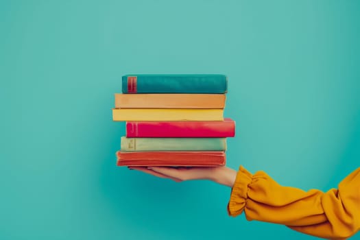The persons hand gesture delicately holds a stack of books with electric blue, magenta, and wood covers. The tints and shades vary on each rectangular paper product, creating a beautiful art display