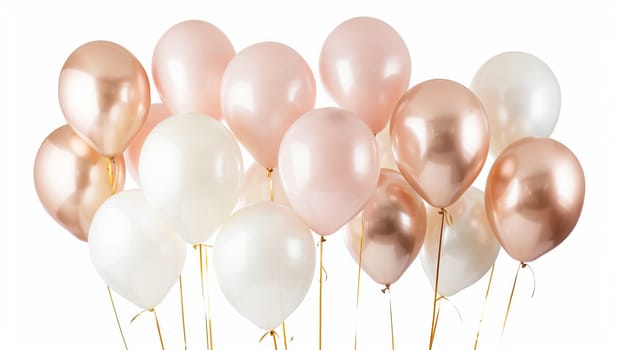A creative arts display featuring a bunch of pink and white balloons on sticks against a natural material white background. Perfect for events and fashion accessories