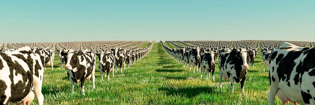 An uncanny vista where countless cows stand in perfect rows within a vibrant and extensive green pasture.