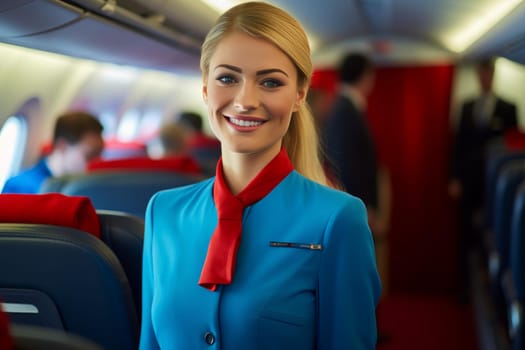 Cheerful Smiling flight attendant. Work tourism female. Generate Ai