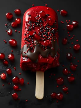 A refreshing red popsicle made with pomegranate seeds, water, and natural ingredients. Topped with chocolate sprinkles for a delicious treat