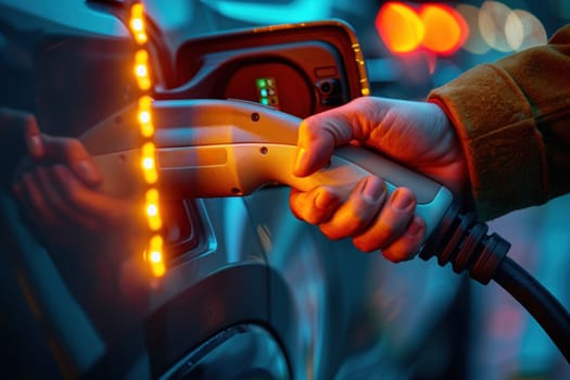 A person is refueling an electric car at a gas station. The nozzle is inserted into the cars fuel tank, and the pump is in operation.