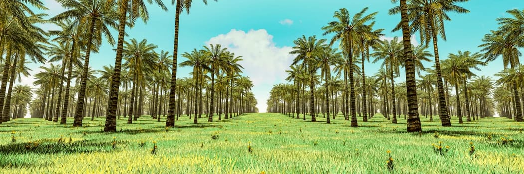 A verdant expanse of palm trees stretches towards the horizon, embodying the essence of tropical abundance.