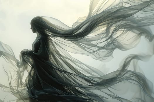 A woman standing with her long hair blowing in the wind.