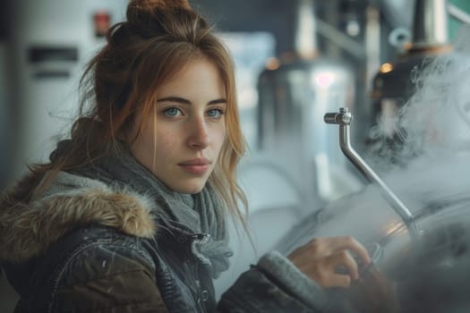 A woman in a coat smoking a cigarette.