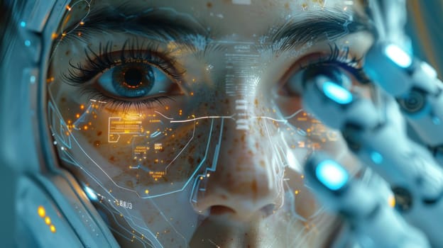 A close-up of a womans face showing futuristic blue eyes, reflecting advancements in technology and biometrics.