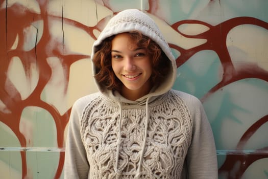 Cheerful Smiling girl wearing knitted hoodie hugs a sheep. Cuddling moment animal and kid friendship. Generate ai