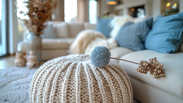 A knitted beanie laying on top of a white couch in an interior setting.