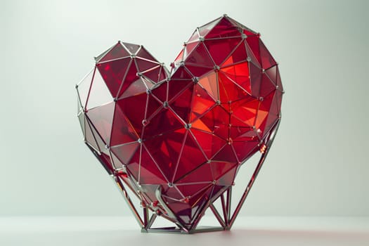Amber triangles form a red heart in a symmetrical pattern on a white surface. This unique piece of creative arts could be used as a fashion accessory or jewellery in electric blue and magenta colors