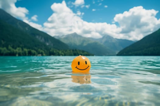 Serene smiling face with lake background. Summer nature recreation vacation. Generate ai