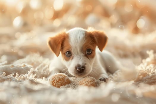 A fawncolored puppy from the Sporting Group, a terrestrial animal and carnivore belonging to the Canidae family, is resting on a blanket with its white fur shining under the sun