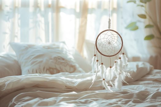 A wooden dream catcher made of twigs hangs above a bed with hardwood flooring. It adds an artistic touch to the bedroom decor, complementing the linens and bedding