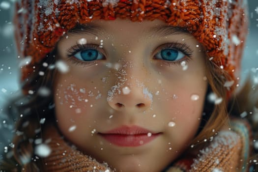 A young female child dressed in a red hat and scarf outdoors in the snow.