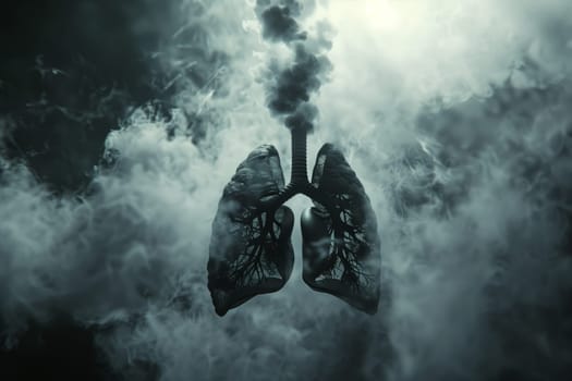 A captivating image of a persons lungs emitting smoke, symbolizing pollution and the impact of smoking on health. The dark atmosphere adds to the eerie event captured in the artful depiction