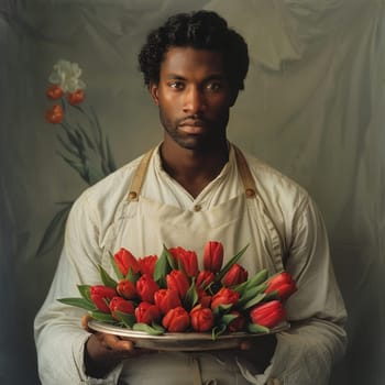 A man standing while holding a plate filled with vibrant red tulips in his hands.