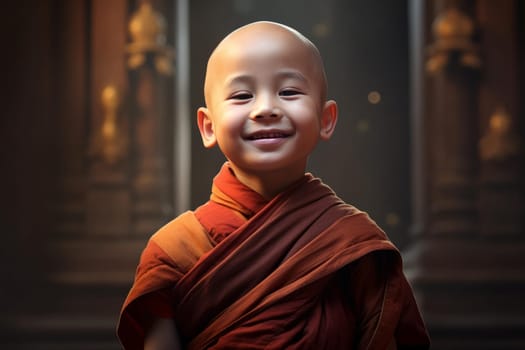 Cheerful Little asian smiling monk. Wood teacher. Generate Ai