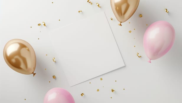 A white card adorned with elegant gold and pink balloons, as well as delicate confetti, all set against a pristine white background, creating a fluid and festive atmosphere