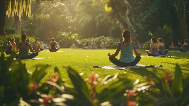 A serene outdoor yoga class in progress, with individuals practicing poses on mats in a lush garden during golden hour. AIG41