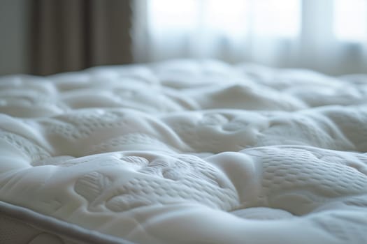 A close up of a comfortable white mattress on a wooden bed frame with soft linens and bedding. The wool bedding adds extra comfort to the cozy bedroom
