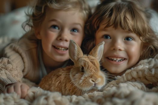 Two children laying on a bed, interacting with a rabbit.