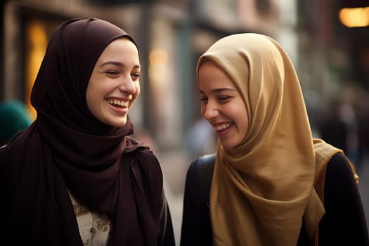 Joyful Selfie of happy muslim woman group. Cheerful portrait of smiling person at street. Generate Ai
