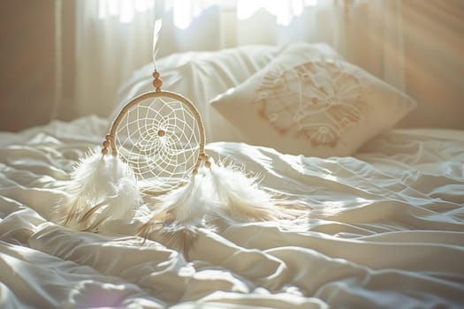 A dream catcher rests on the bed frame, adding a touch of comfort and style to the room. The wood furniture, linens, and bedding complete the cozy atmosphere of the house