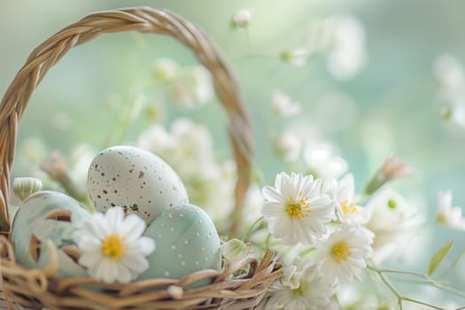 A beautiful arrangement of white flowers and colorful Easter eggs in a basket, showcasing the beauty of nature with a touch of holiday spirit