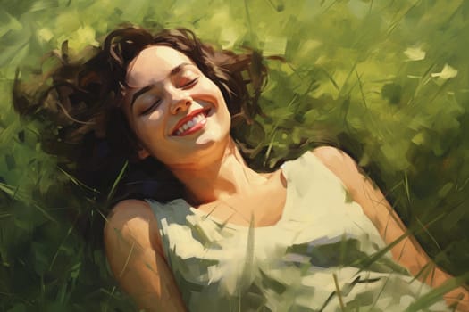 Cheerful Smiling relaxing brunette on green grass. Happy pretty woman lying on summer lawn. Generate ai