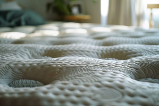 A close up of a white mattress in a bedroom with grey flooring and wood accents. The woolen patterned linens add a cozy touch to the room