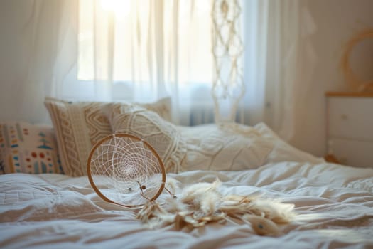 A dream catcher is elegantly displayed as part of the interior design on top of a comfortable bed frame in a bedroom. The wood furniture and flooring add a cozy feel to the room