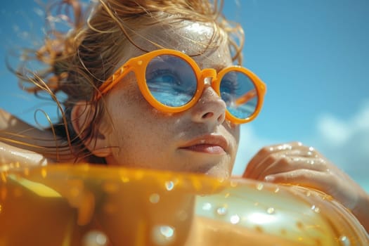 A woman wearing a yellow bikini and blue sunglasses posing for a photo on the beach.