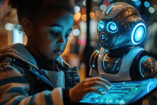 Young girl engaged with a tablet device showing a robot on the screen.