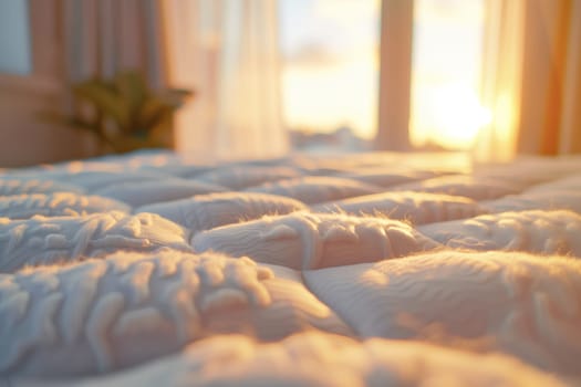 A closeup of a hardwood floor bedroom with sunlight filtering through the curtains onto a comfortable mattress, surrounded by soft linens and bedding