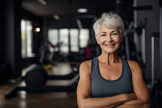 Active Smiling senior woman training. Athletic older lady exercising cozy home. Generate AI