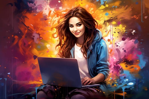 Joyful Smiling teen girl laptop use. Fictional person. Generate Ai