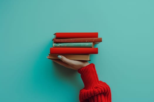 The person is holding a stack of electric blue plastic books with magenta font. The office supplies include carmine musical instruments, wood tools, and animation materials