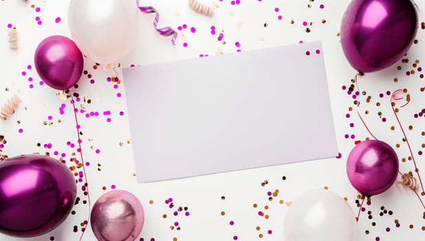A white card is surrounded by a vibrant mix of pink and white balloons, confetti, and decorations, creating a festive and cheerful atmosphere